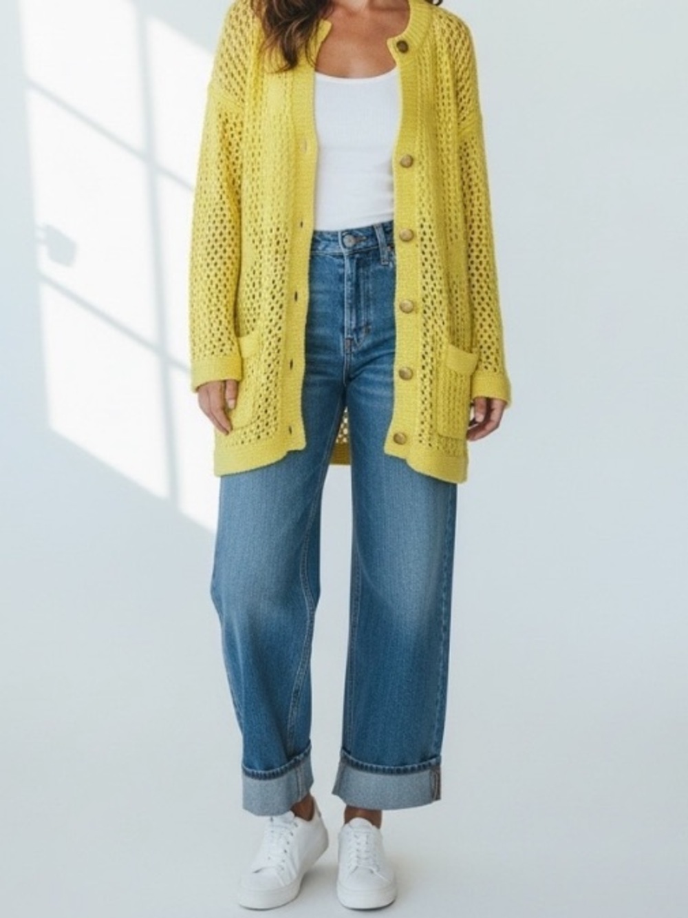 Vintage Authentic 60s 70s yellow cardigan Crochet Sweater Grandmacore Twee